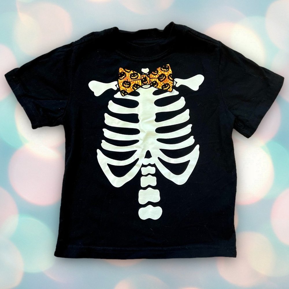 Toddler Boy’s Halloween Skeleton Bow Tie Graphic Tee Shirt Top Size 3T